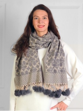 Cashmere Feeling Double C Scarf with Pom-Poms